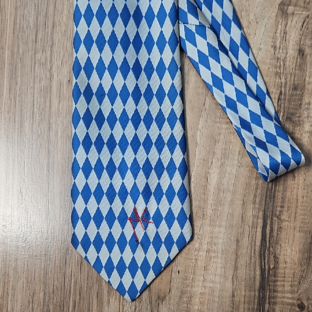 Commodore Trevira Vintage Retro Blue and White Argyle Print Tie